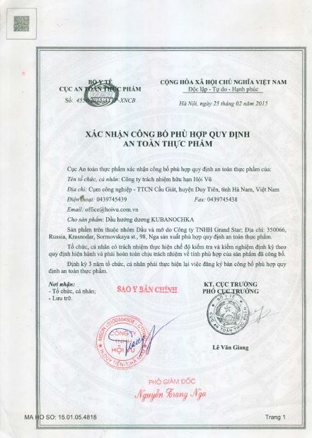 Dầu hương dương Nga đảm bảo an toàn vệ sinh thực phẩm