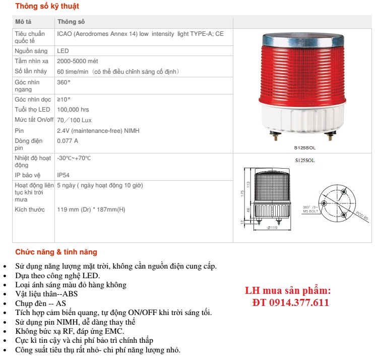 Thông số kỹ thuật đèn báo không - GAC