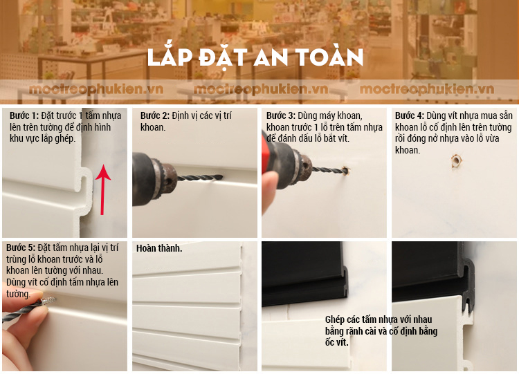 Tấm rãnh nhựa PVC cài móc treo hàng trưng bày