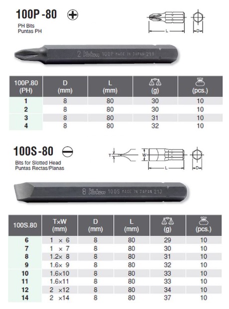 Mũi vít đóng, muic 4 cạnh, mũi 2 cạnh, tô vít đóng Koken, 100P, 100S