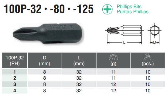 Mũi tô vít đóng 4 cạnh, mũi đóng PH3, mũi đóng PH2, KOKEN 100P.32-3