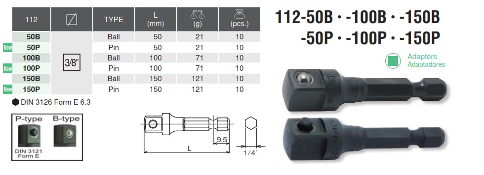 Đầu chuyển bits sang nối khẩu 3/8 inch, Koken 112-50B, thanh chuyển bit sang khẩu 3/8 inch