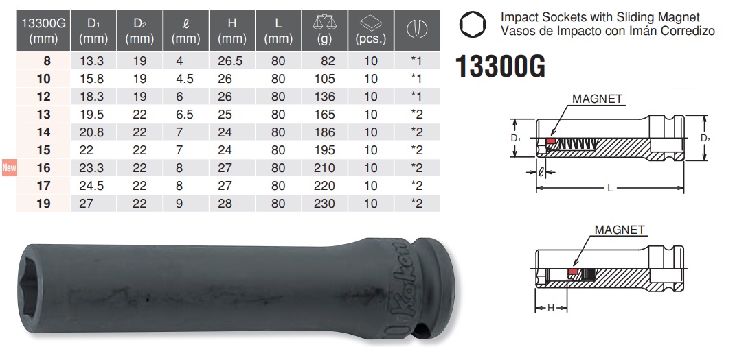 Đầu khẩu dài 80mm từ tính, Koken 13300G, tuýp 13300G Koken