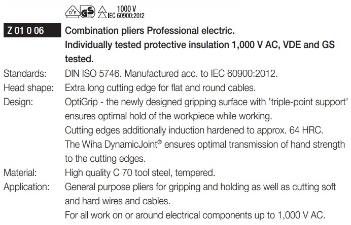 Kìm điện 1000V, kìm cách điện 1000V, kìm điện Wiha 26708, Wiha 26708