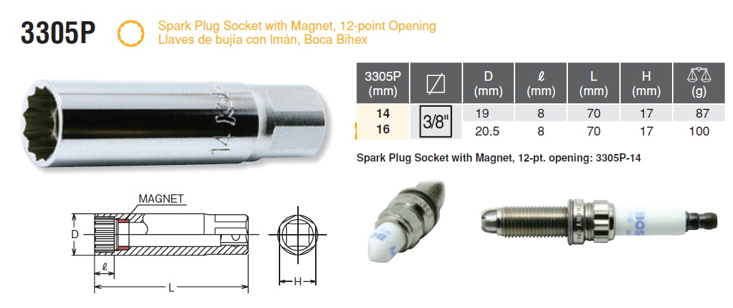 Tuýp mỏ bugi 14mm, Koken 3305P-14, tuýp bugi 12 cạnh cỡ 14mm