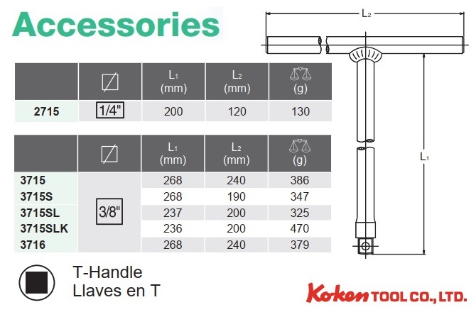 Tay vặn Koken, T đầu 3/8 inch, 3715SLK Koken, 3715SL Koken