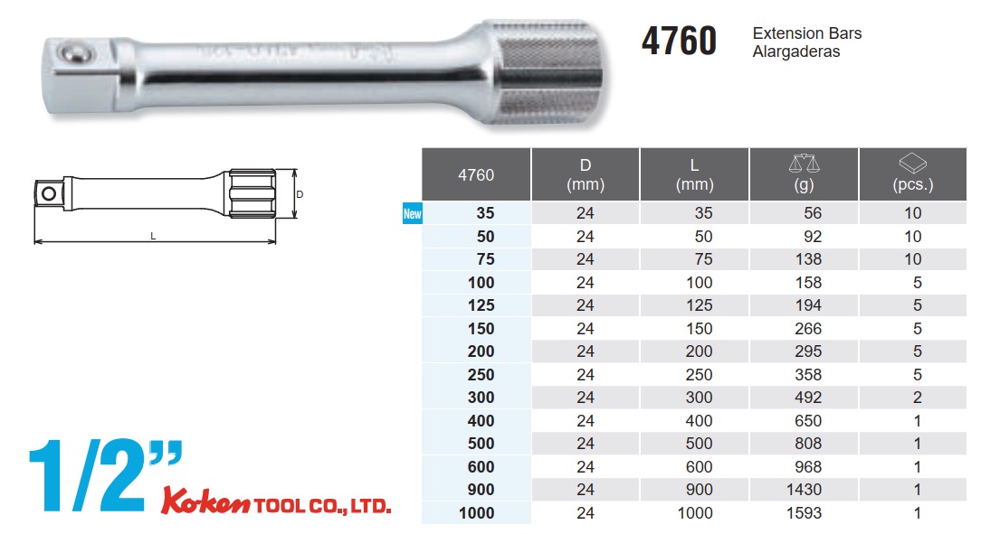 Thanh nối dài Koken, Koken 4760-150, Koken 4760-200, thanh nối 1/2 inch