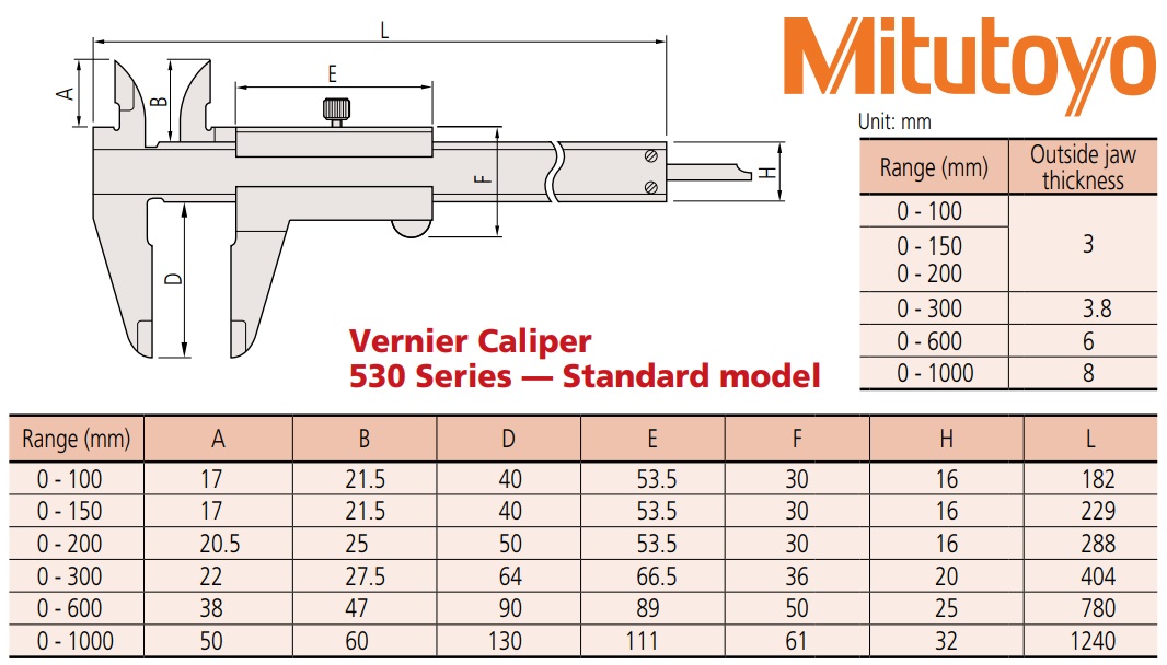 Thước cặp cơ khí Mitutoyo, Mitutoyo 530, 530-108, thước cặp dài 200mm