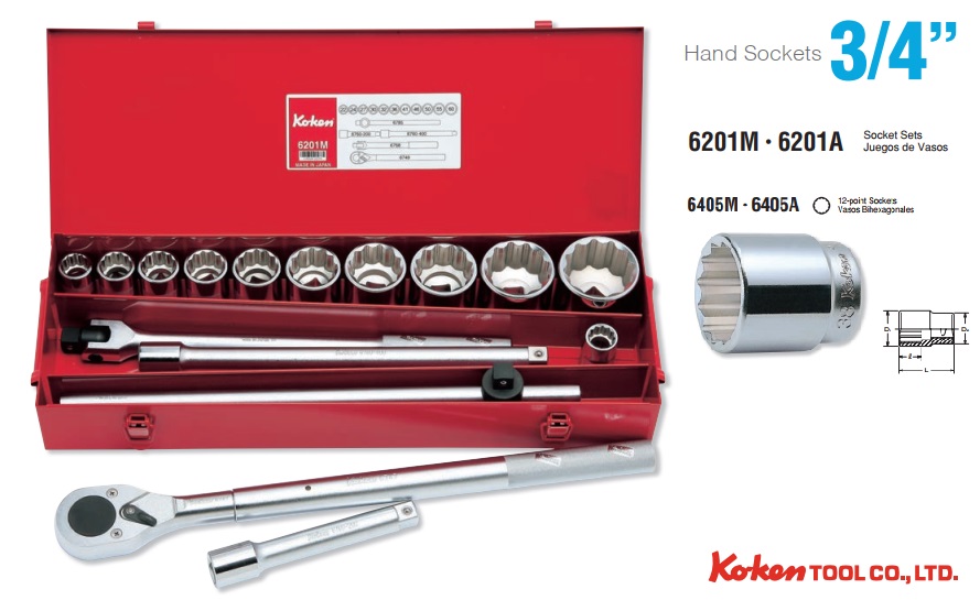 Bộ đầu khẩu Koken, bộ tuýp vặn tay, Koken 6201M, bộ đầu tuýp 3/4 inch