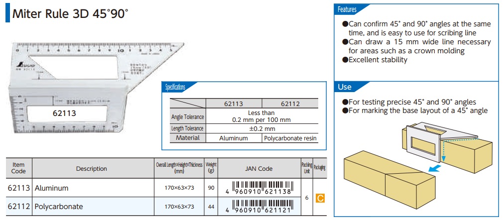 Thước đo góc kết hợp, đo góc 45 độ, Shinwa 62113