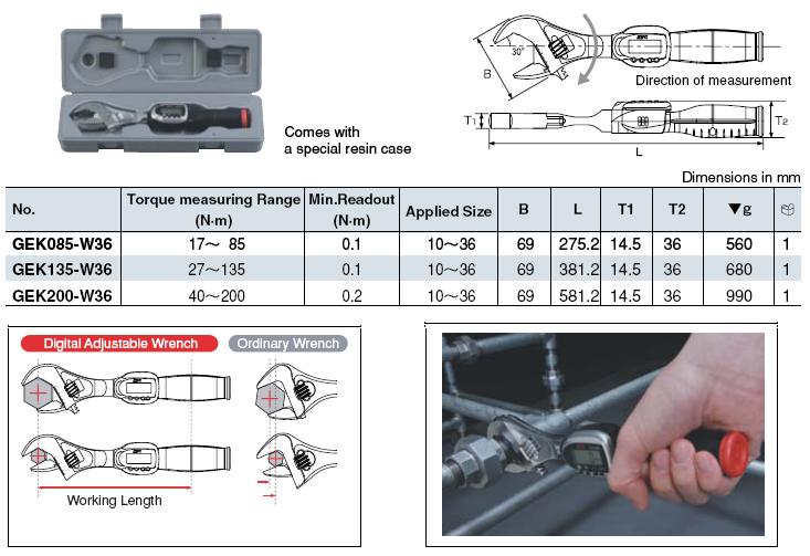 Cờ lê lực KTC Nhật, cờ lê cân lực KTC, tay cân lực điện tử, cờ lê lực đầu mỏ lết GEK200-W36