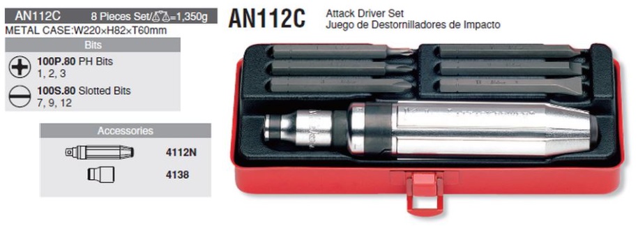 Bộ tô vít đóng, Koken AN112A, 6 đầu đóng, mũi đóng 2 cạnh 4 cạnh, tô vít đóng Nhật