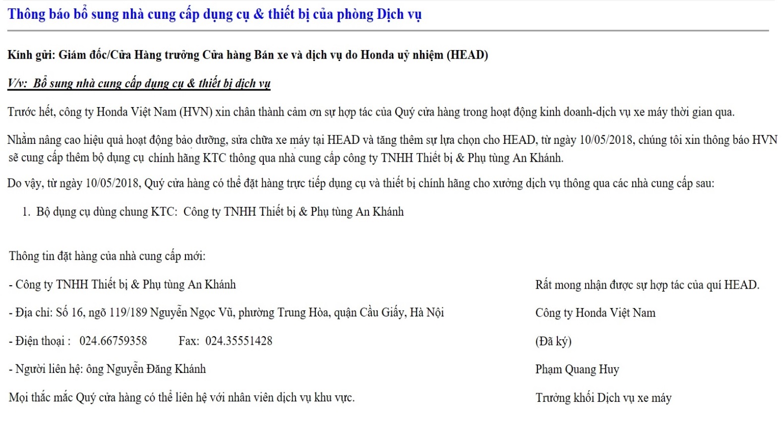 An Khánh phân phối KTC cho HEAD, Honda lựa chọn An Khánh cung cấp KTC cho HEAD