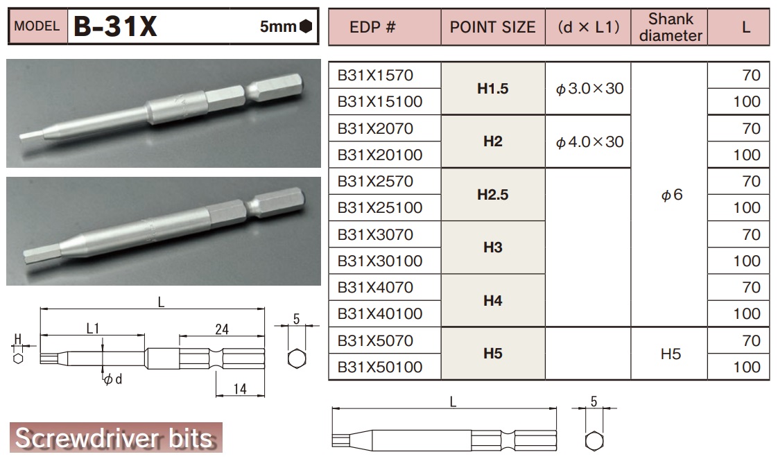 Mũi vặn vít thân 5mm, BiX B-31X, mũi lục giác đuôi 5mm, dùng cho lắp ráp điện tử