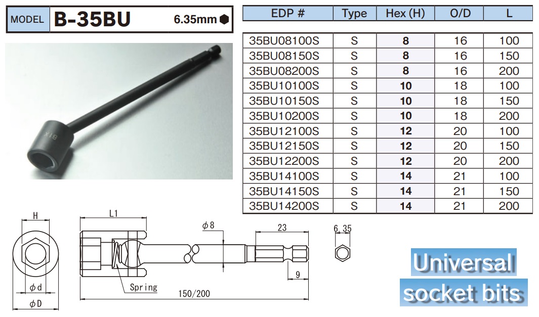 Đầu vặn ốc lắc léo, BiX B-35BU, đầu lắp lò xo