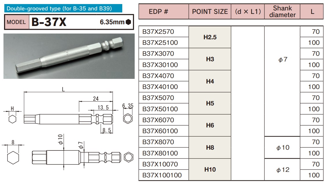 Mũi vặn vít lục giác, BiX B-37X Nhật, mũi vít dùng cho lắp ráp, 2 rãnh bi, thanh vặn vít lục giác,