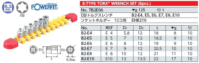 Bộ đầu E, bộ khẩu lục giác 6 cạnh cong, KTC TB2E06, bộ đầu E hoa thị