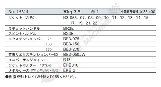 Thông số bộ tuýp KTC Nhật, TB314 với các đầu tuýp từ 5.5 đến 22mm
