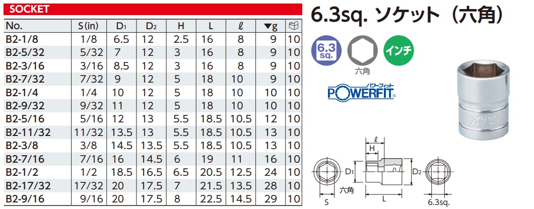 Đầu khẩu 1/4 inch, đầu khẩu hệ inch, B2-1/4, B2-3/16, KTC B2-3/8
