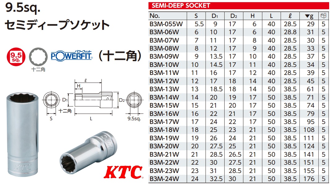 Đầu khẩu B3M, KTC dòng B3M, đầu khẩu nhỡ, tuýp 3/8 inch loại 12 cạnh,