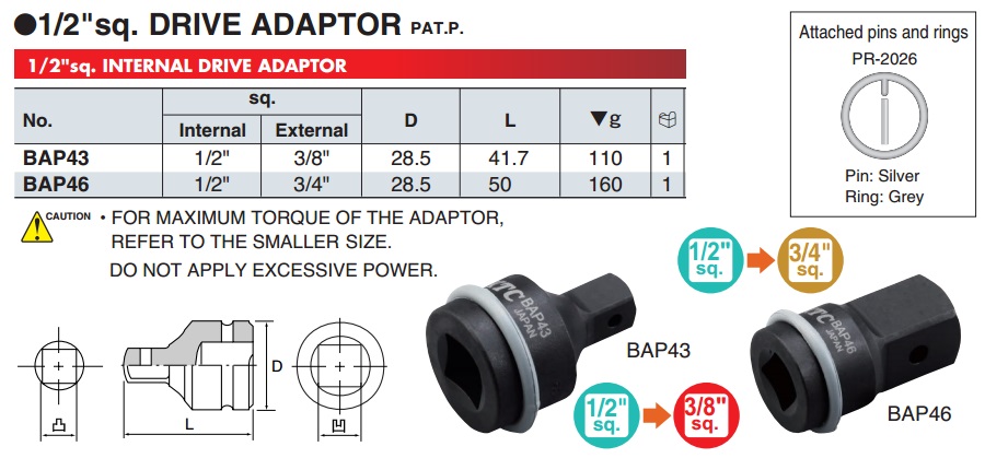 Đầu chuyển 1/2 sang 3/8, KTC BAP43, đầu chuyển cho súng 1/2 inch