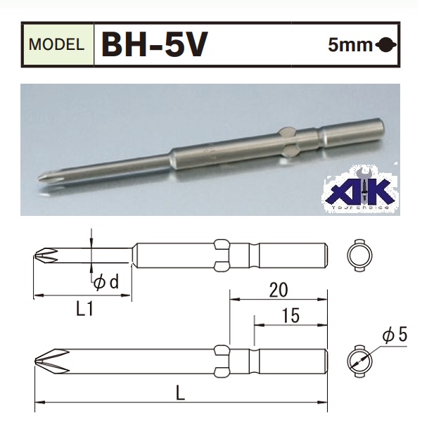 Mũi vặn vít 5mm, BiX BH-5V, mũi vít thân tròn,