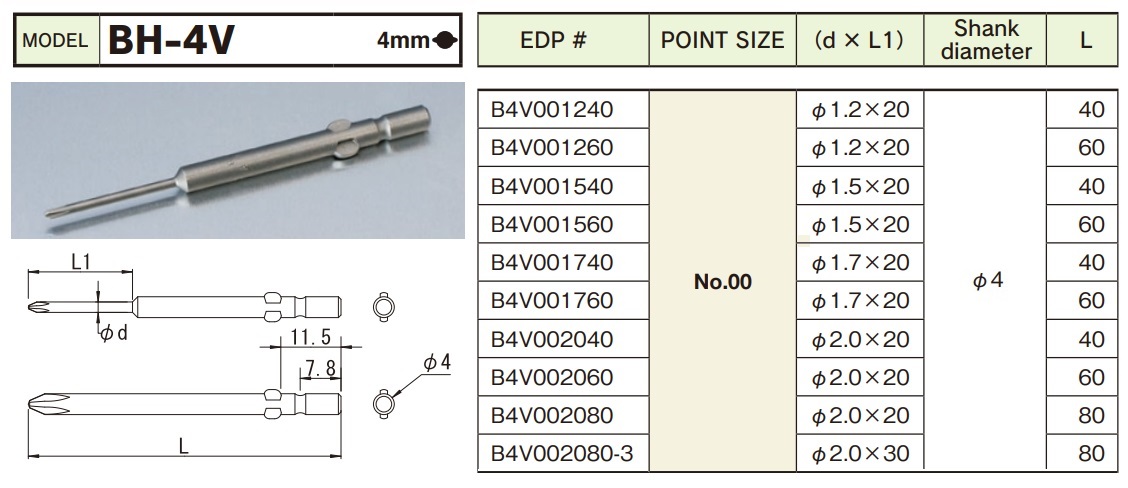 Đầu vặn vít 4 cạnh, dùng với tô vít điện, đuôi tròn cỡ 4mm, mũi PH00