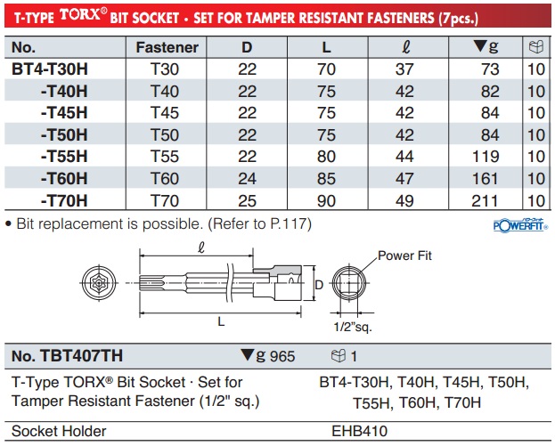 Đầu bits sao 6 cạnh có lỗ, BT4-T55H, BT4-T70H, đầu bits sao 6 cạnh có lỗ giữa, 