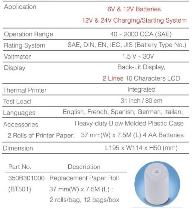 Thông số máy kiểm tra BT501, BT 501 DHC, BT 501 Taiwan