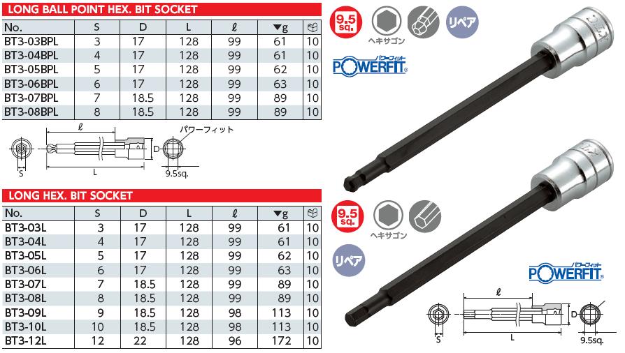 Bộ chìm đầu dài, KTC TBT3L09H, bộ lục giác khẩu 3/8 inch, 