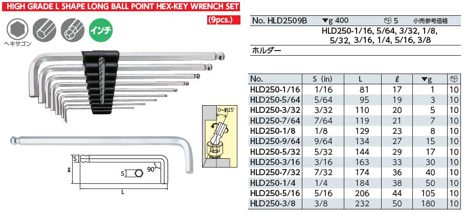 Bộ lục giác hệ inch, bộ lục giác HLD2509B, KTC HLD2509B