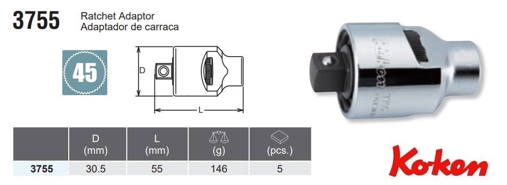 Đầu chuyển Koken, Koken 3755, đầu lắc vặn 3/8, nối với tay cứng,