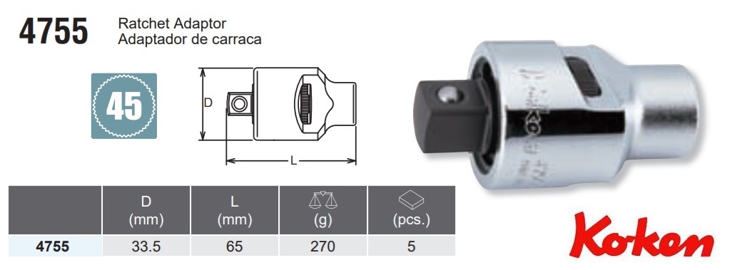 Đầu chuyển Koken, Koken 4755, đầu lắc vặn 1/2, nối với tay cứng,
