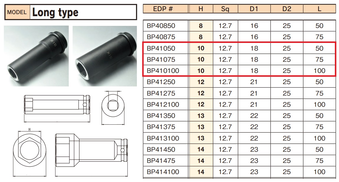 Đầu khẩu dài BiX, đầu khẩu dài 75mm, đầu khẩu 3/8 dài 100mm