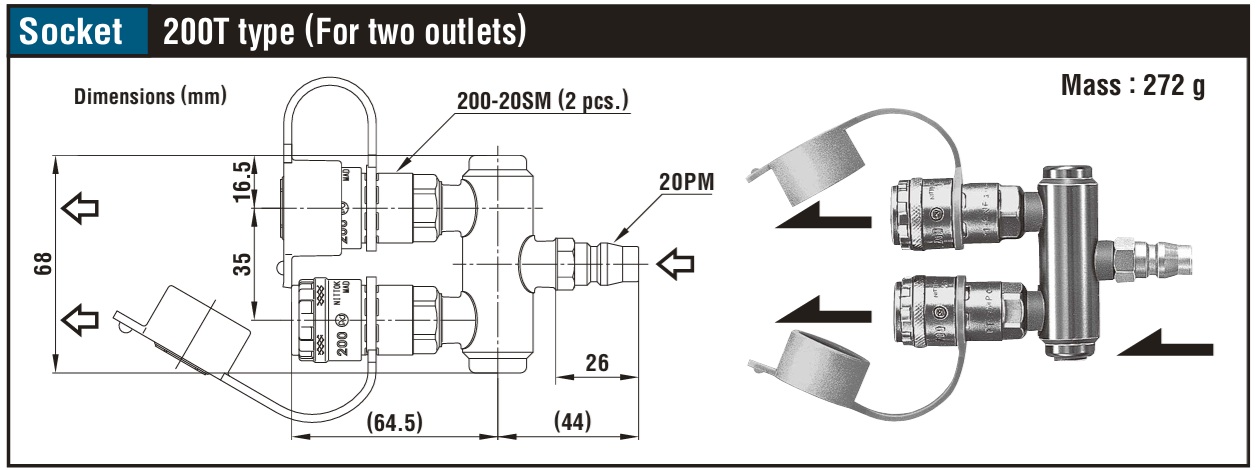 Đầu chia khí, Nitto 200T, chia đôi đường khí
