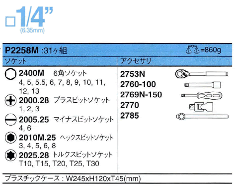 Bộ đầu tuýp 1/4 inch, bộ đầu khẩu 1/4 inch, Koken P2258M, đầu tuýp Koken Nhật