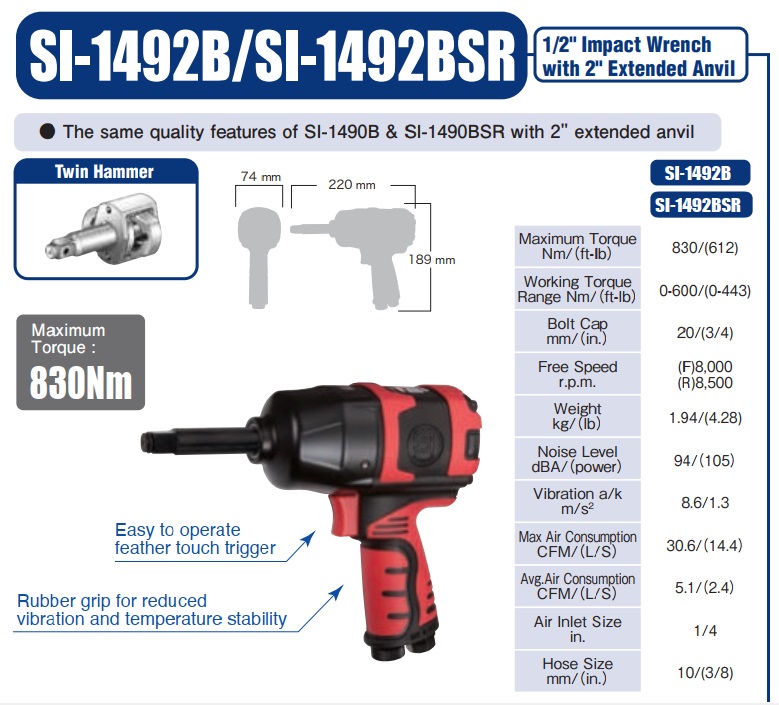 Súng vặn ốc đầu dài, súng vặn ốc 1/2, Shinano SI-1492BSR, 830Nm