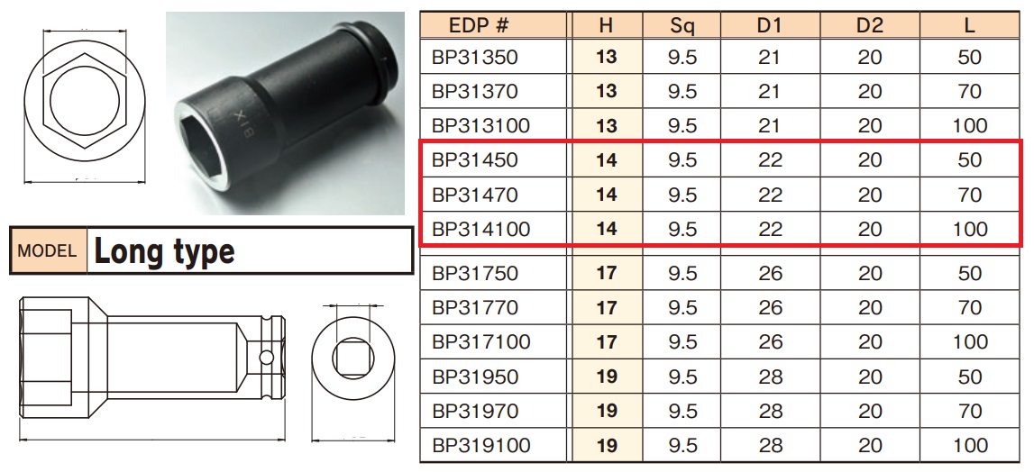 Đầu khẩu dài 3/8 BiX, đầu khẩu BiX Nhật, chiều dài 50 đến 100mm