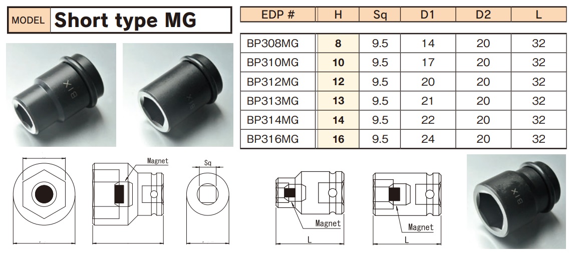 Đầu khẩu từ tính, đầu khẩu từ tính 3/8, đầu khẩu BiX Nhật, các cỡ từ 8 đến 14mm