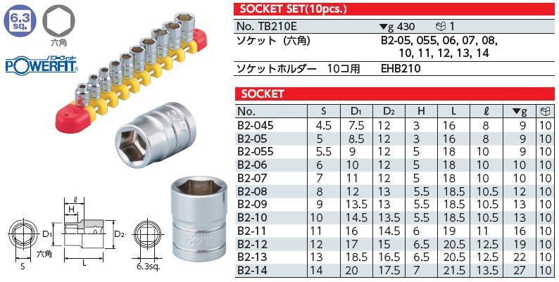 Bộ tuýp 1/4 inch, bộ đầu khẩu 1/4 inch gồm 10 cỡ, KTC TB210E, bộ tuýp 1/4 inch từ 5 đến 14mm,