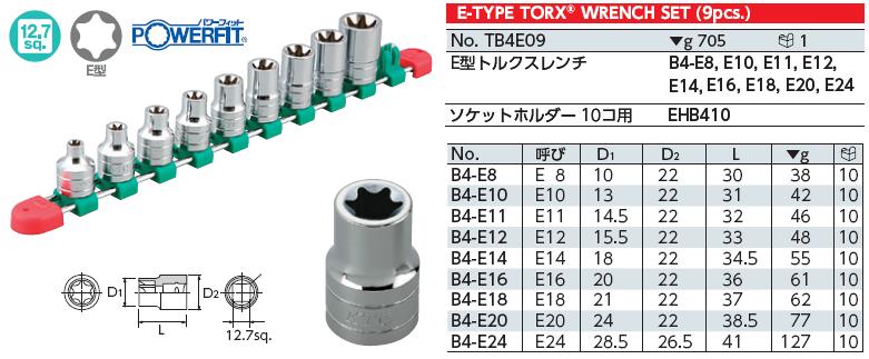 Bộ đầu E, bộ đầu khẩu luc giác cạnh cong, KTC TB4E09, khẩu E chân 1/2 inch