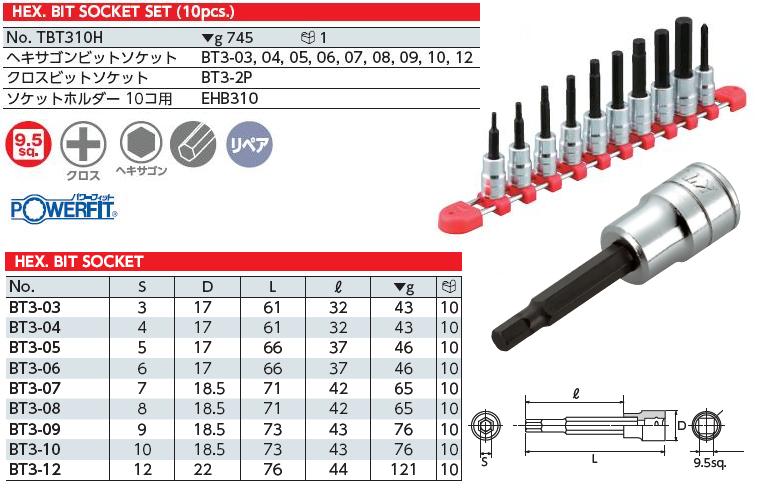 Bộ lục giác đầu khâu 3/8 inch, bộ đầu lục giác chìm 10 cỡ từ 3 đến 12mm, KTC TBT310H