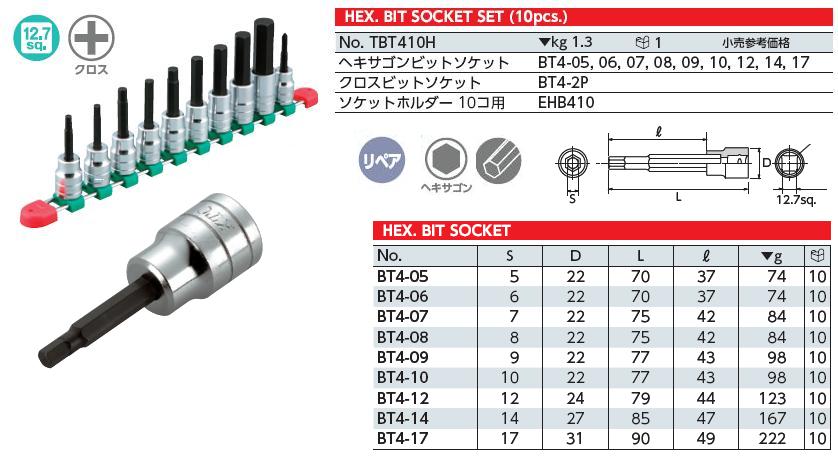 Bộ lục giác khẩu 1/2 inch, bộ đầu khẩu 1/2 inch với đầu lục giác chìm, bộ lục giác 10 cỡ từ 5 đến 17mm, TBT410H