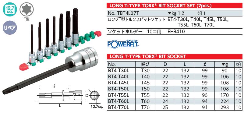 Bộ lục giác bông, đầu khẩu loại 1/2 inch, KTC TBT4L07T, bộ lục giác bông từ T30 đến T70 loại dài,