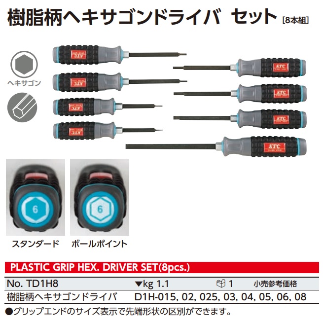 Bộ tô vít đầu lục giác, KTC TD1H8, bộ tô vít gồm 8 cỡ đầu lục giác