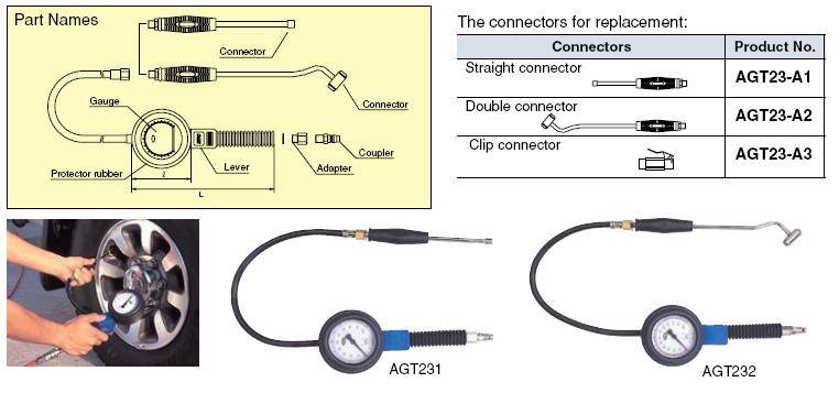 Đồng hồ bơm và đo áp suất lốp nhập khẩu, KTC AGT232, AGT232, bơm lốp xe