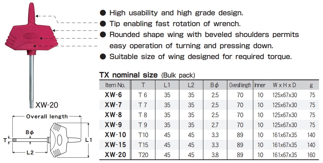 Tay vặn nhanh, tay vặn cán nhựa, Eight XW, T6 đếnT20, XW-6, XW-20