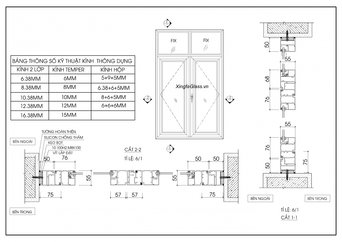 BẢN VẼ KỸ THUẬT CỬA SỔ MỞ QUAY NHÔM XINGFA HỆ 55