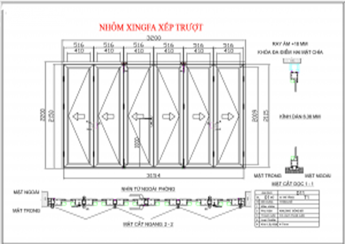 bản vẽ kỹ thuật cửa xếp trượt nhiều cánh nhôm xingfa hệ 63