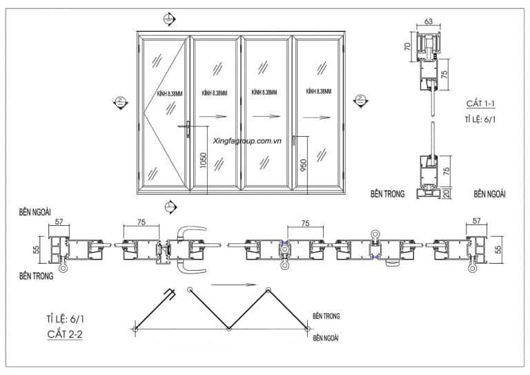 cửa xếp trượt nhôm xingfa hệ 63